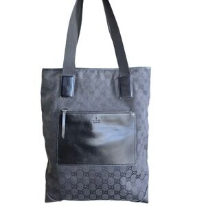 Gucci GG Monogram Canvas Tote Bag Black Leather Trim Shoulder Bag Made in Italy